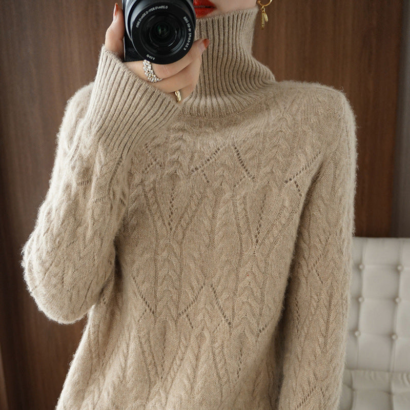 Damen Weicher Mohair‑Optik Oversize‑Rollkragenpullover mit Ajour‑Zopfstruktur Drune