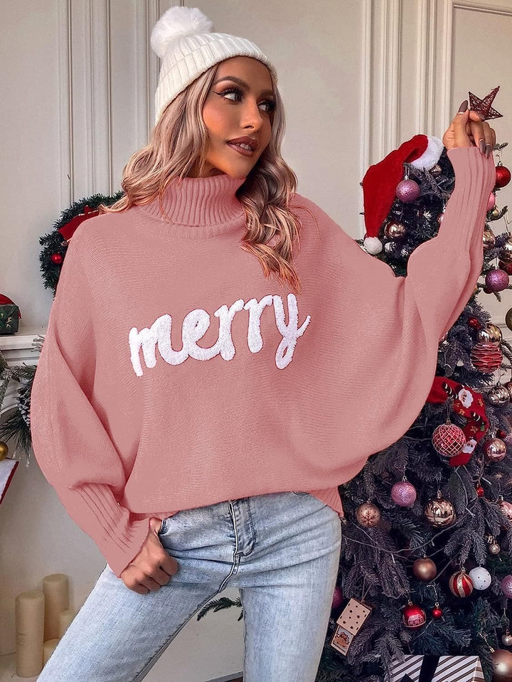 Damen Oversized Rollkragenpullover mit festlichem Schriftzug Drune