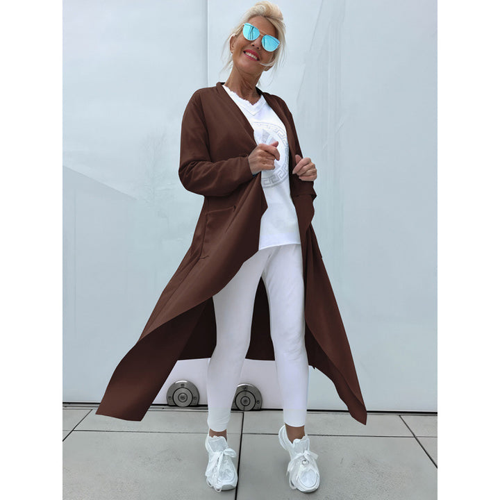 Damen Langer Fließender Longcardigan mit Wasserfall-Saum und Eingrifftaschen Drune