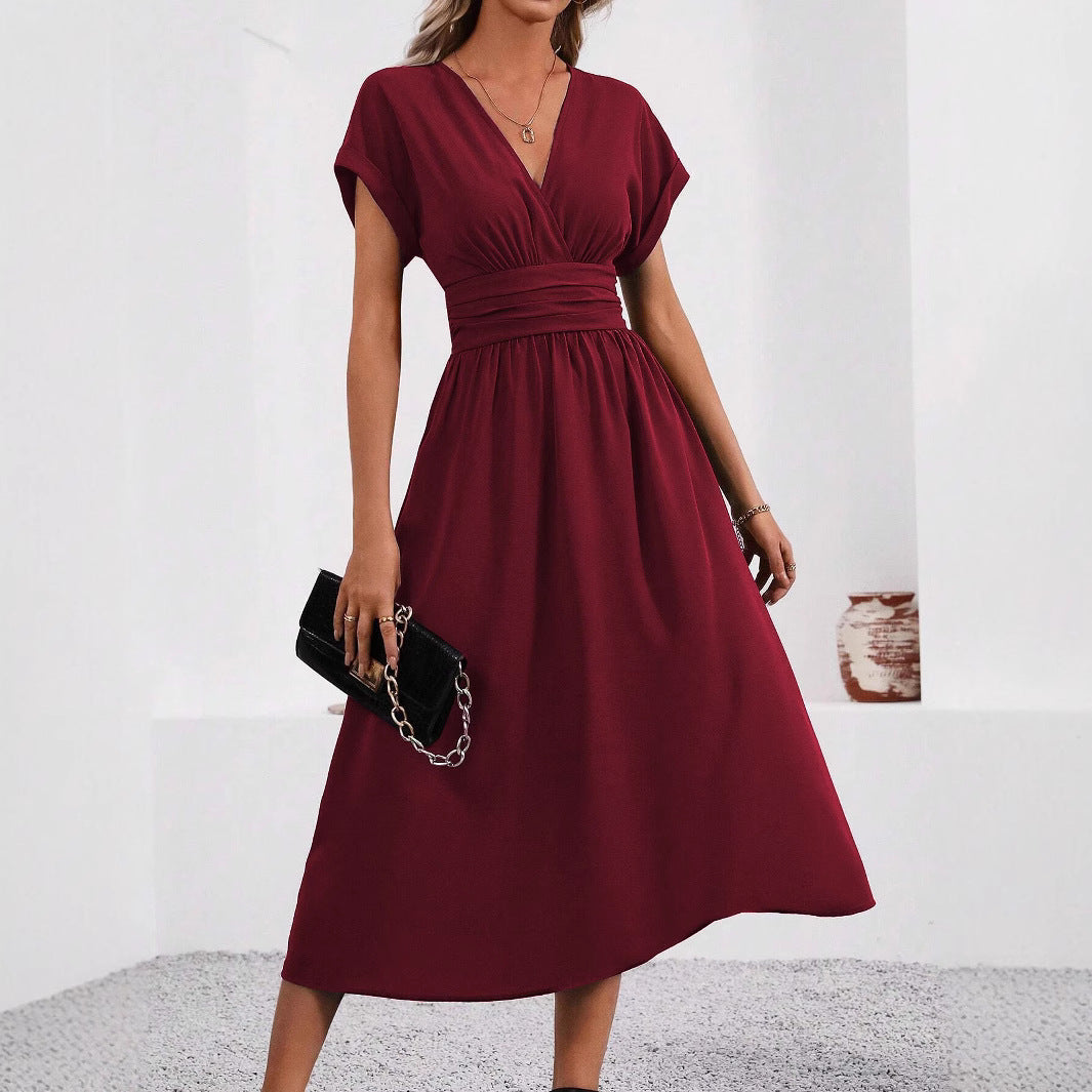 Damen Midi-Kleid mit V-Ausschnitt und breiten Trägern Drune