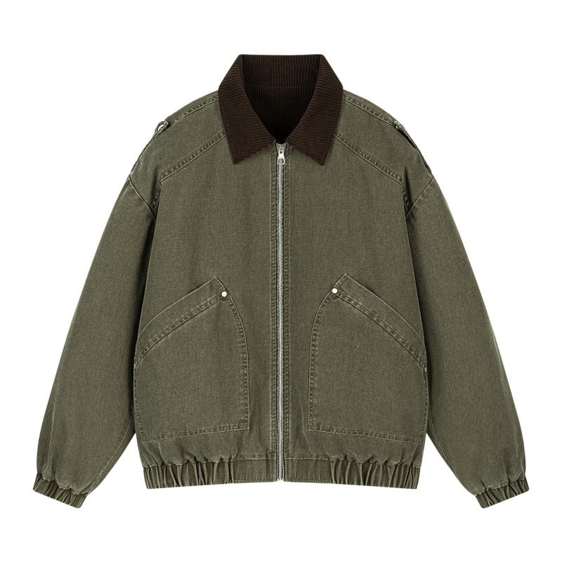 Herren Oversize Denim‑Bomberjacke mit Rippenkragen, elastischem Saum & schrägen Pattentaschen Drune