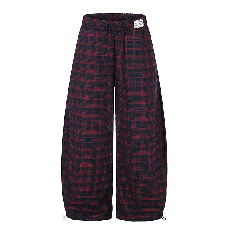 Damen Karierte Palazzo-Hose im Loungewear-Stil mit weitem Bein, elastischem Bund und Tunnelzug Drune