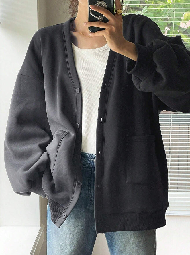 Damen Oversized Sweatcardigan mit Knopfleiste, aufgesetzten Taschen und überschnittener Schulter Drune