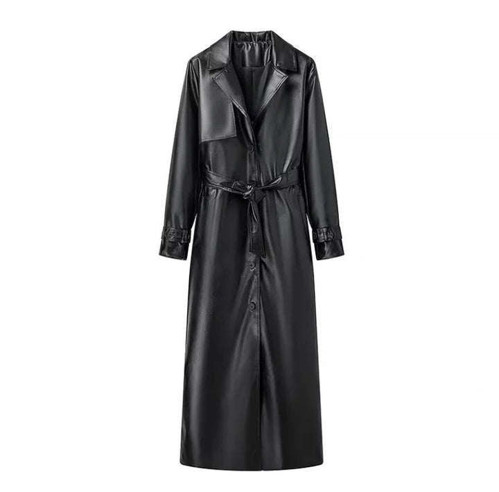 Damen 100+ langer oversize Kunstleder‑Trenchcoat mit Taillengürtel und weitem Revers Drune