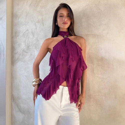 Damen Top mit asymmetrischem Schnitt und dekorativen Rüschen Drune