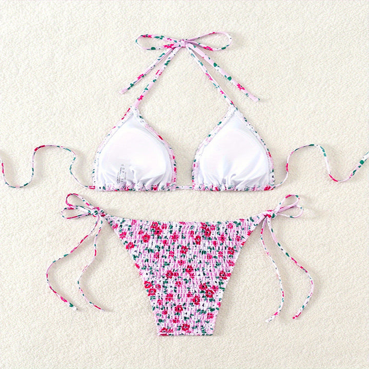 Damen Triangel-Bikini-Set mit verspielter Raffung und hübschem Blumenmuster Drune