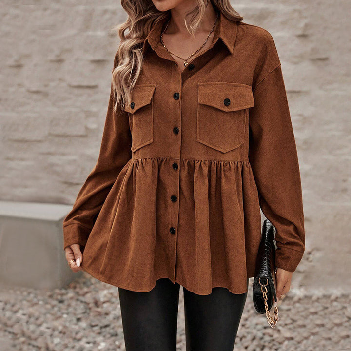 Damen Cord-Peplum-Bluse mit Hemdkragen aufgesetzten Brusttaschen und durchgehender Knopfleiste Drune