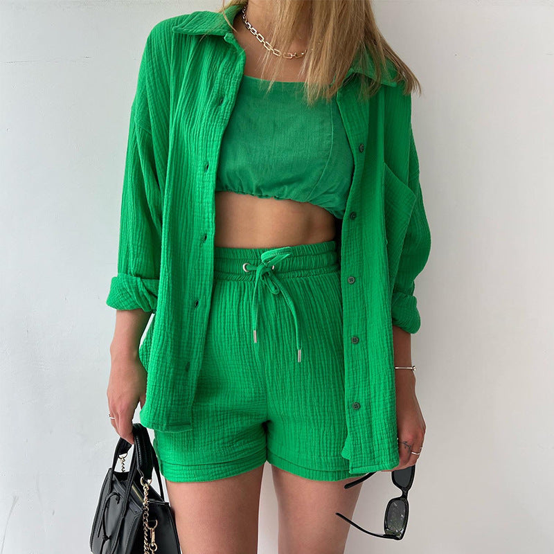 Damen Dreiteiliges Leinenoptik-Lounge-Set mit offenem Hemd, Crop-Top und hoher Taillen-Shorts Drune