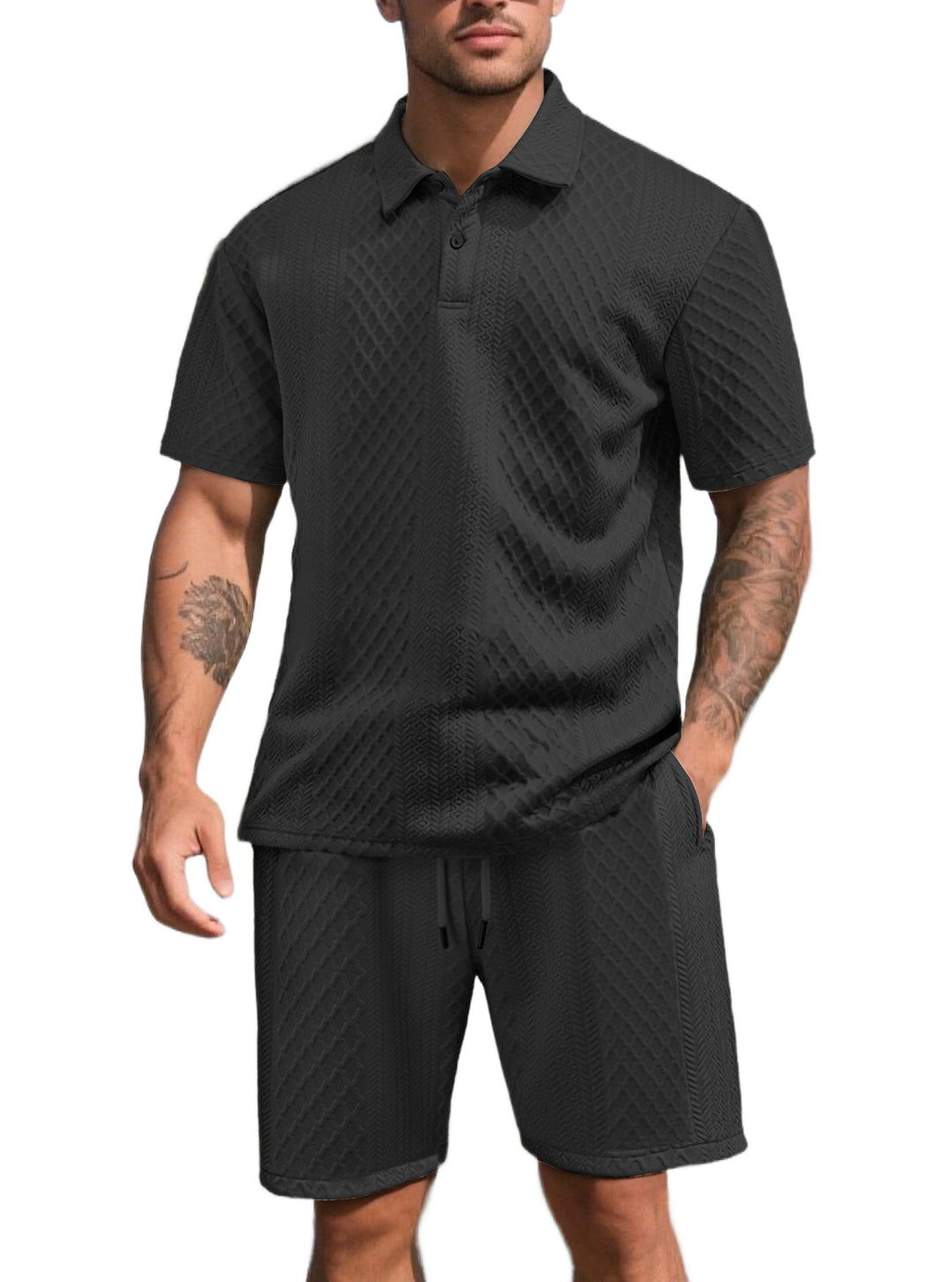 Herren nan dreidimensionales Relief-Freizeit-Set mit Polokragen, verdeckter Knopfleiste und elastischer Tunnelzugshorts Drune