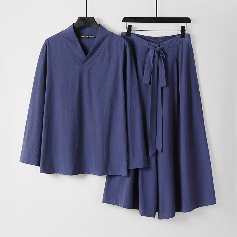 Damen Leichtes Leinen-Baumwoll Loungewear-Set mit V-Ausschnitt, weitem Midirock und Bindegürtel Drune