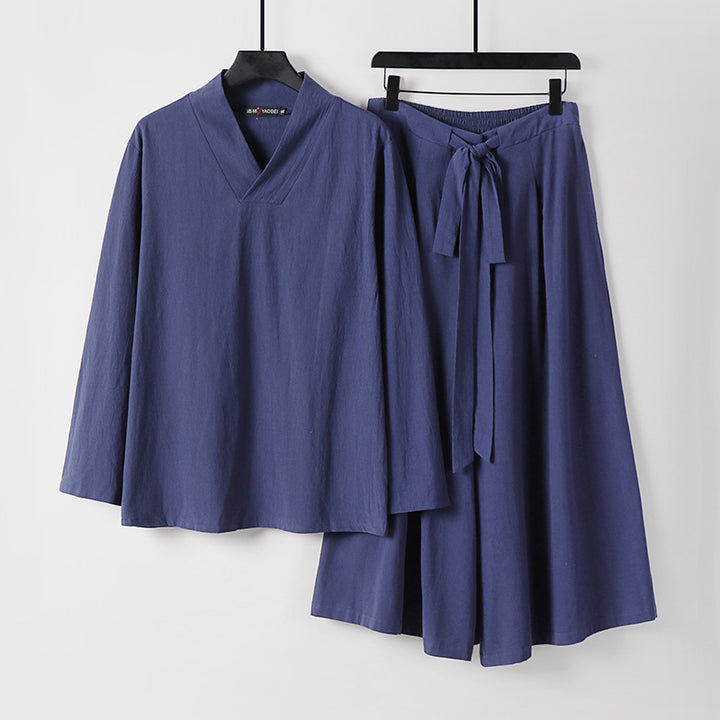 Damen Leichtes Leinen-Baumwoll Loungewear-Set mit V-Ausschnitt, weitem Midirock und Bindegürtel Drune