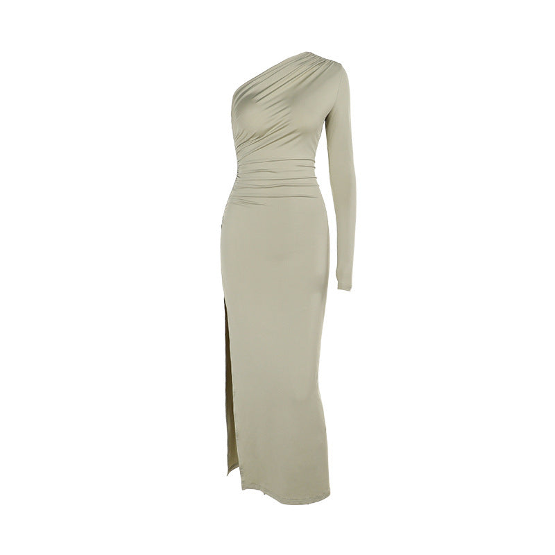 Damen elegantes One-Shoulder Maxikleid mit hohem Schlitzausschnitt Drune