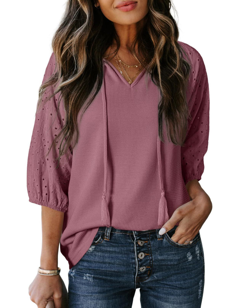 Damen Waffelshirt mit V‑Ausschnitt, Quasten und bestickten Puffärmeln Drune