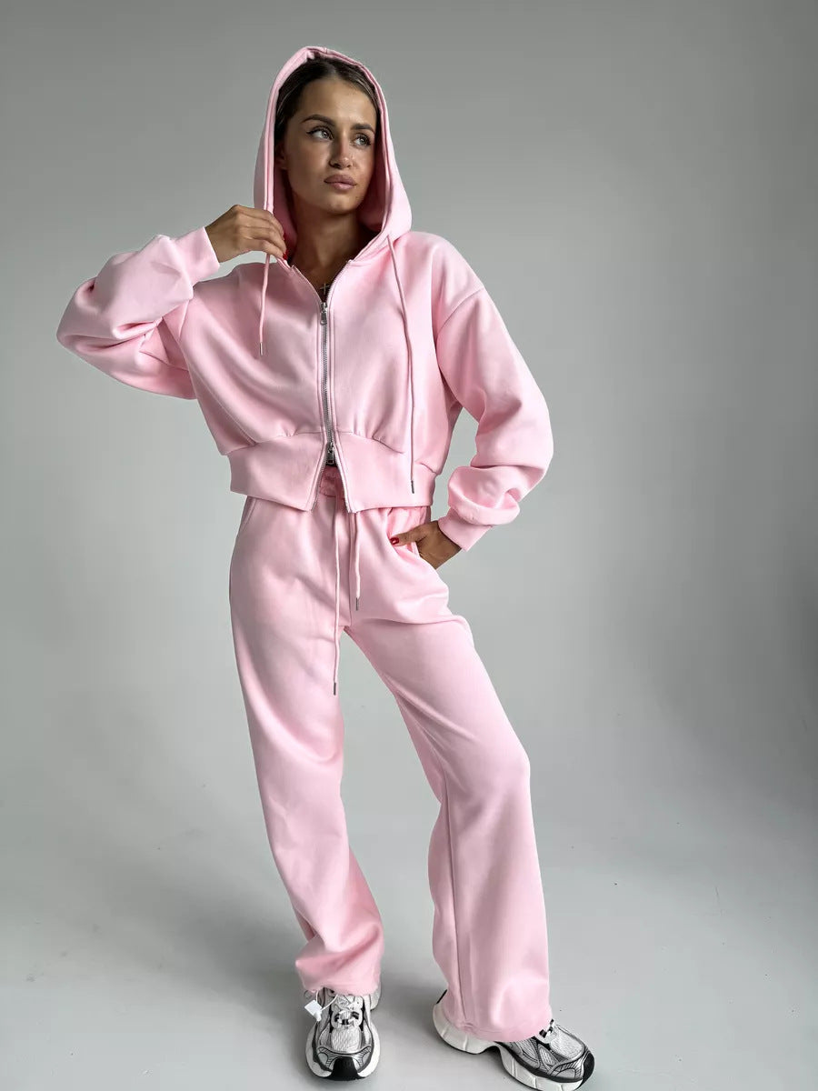 Damen Zweiteiliges Loungewear-Set mit gekürzter Zip-Kapuzenjacke und weitem High‑Waist Jogginghose Drune