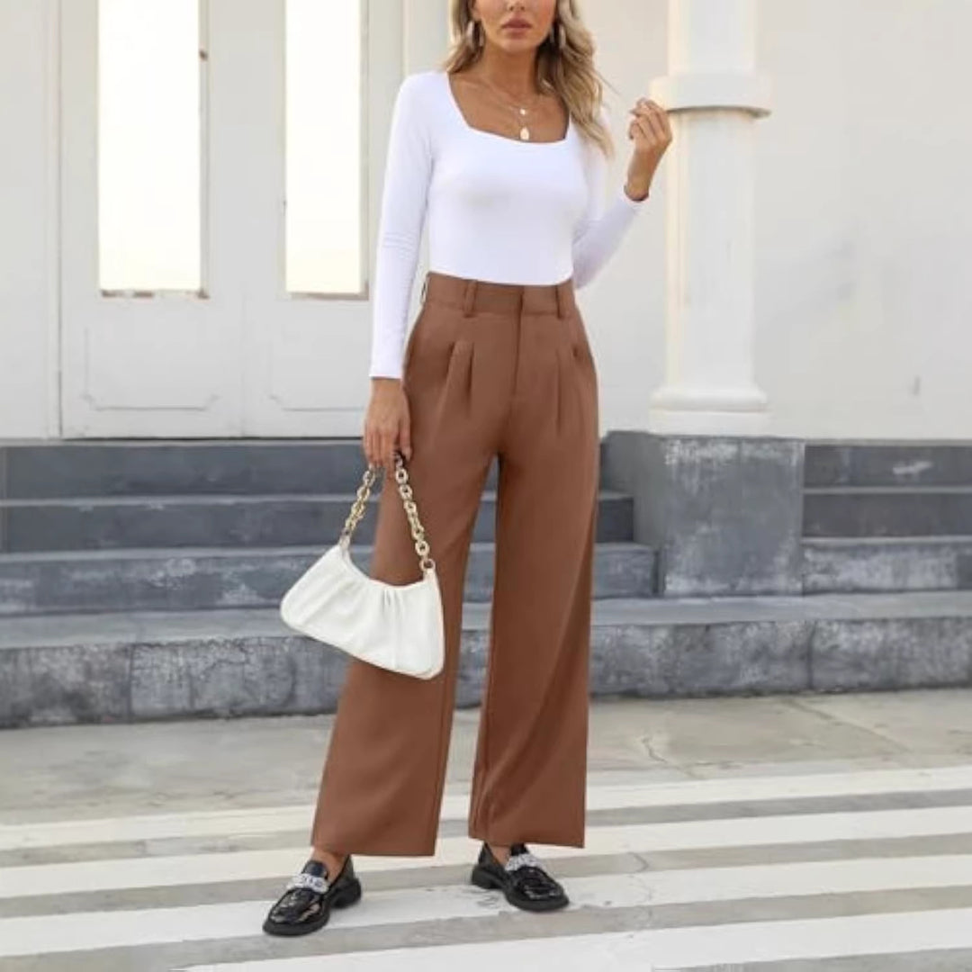 Damen Hochtaillierte Bundfalten-Hose im Palazzo-Stil mit weitem Bein Drune