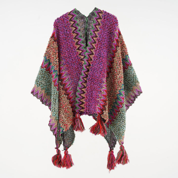 Damen strukturierter Bouclé-Strickponcho mit Jacquardmuster und Quasten Drune