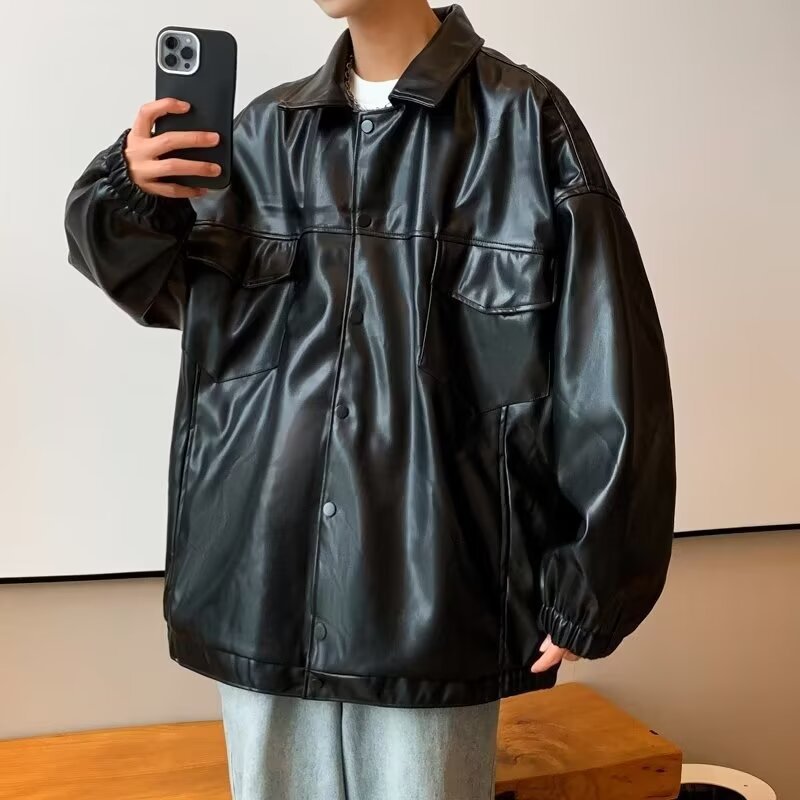 Herren Oversized PU-Leder-Shacket mit Pattentaschen und elastischen Bündchen Drune