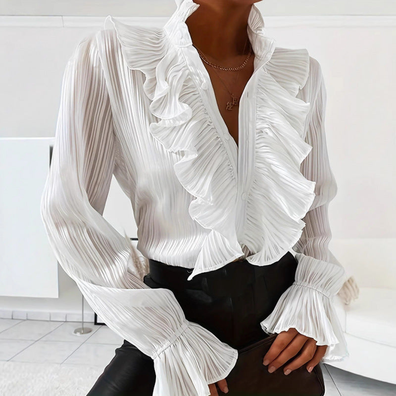 Damen Plissee Bluse mit Rüschendetails und eleganten Volants Drune