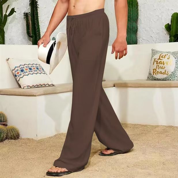 Herren weite Leinenhose mit Tunnelzug, aufgesetzten Seitentaschen und Relaxed-Fit Drune