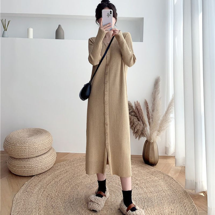 Damen Strickkleid mit tiefem V-Ausschnitt und tailliertem Gürtel Drune