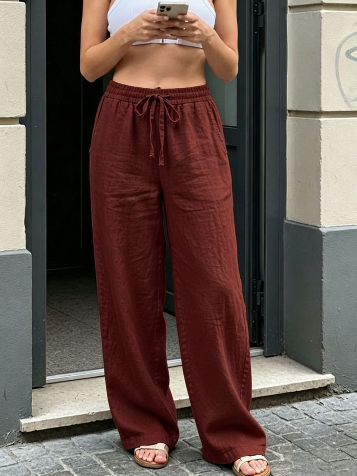 Damen Weite Leinenoptik-Hose mit Gummibund, Tunnelzug und Seitentaschen Drune