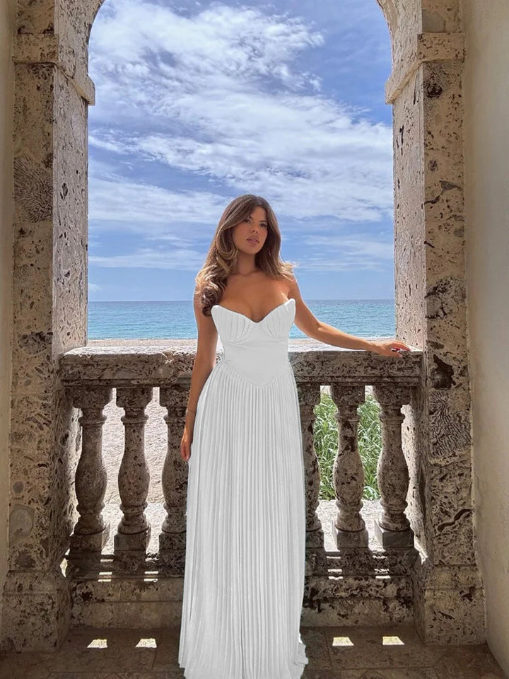 Damen Maxikleid mit elegantem Plissee und herzförmigem Oberteil Drune