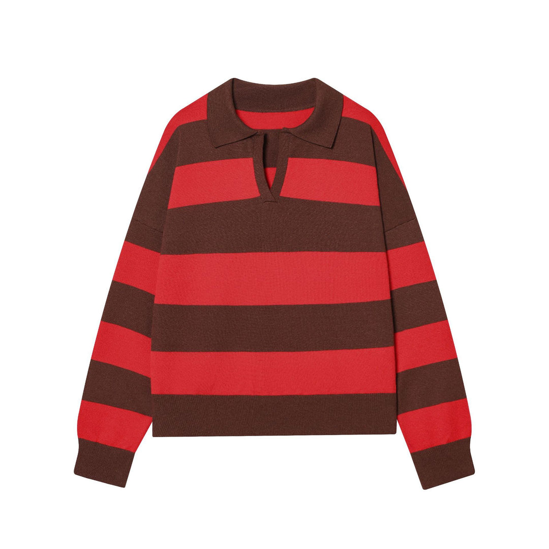 Damen nan gestreifter Rugby-Pullover mit Polokragen und tiefem V-Schlitz Drune