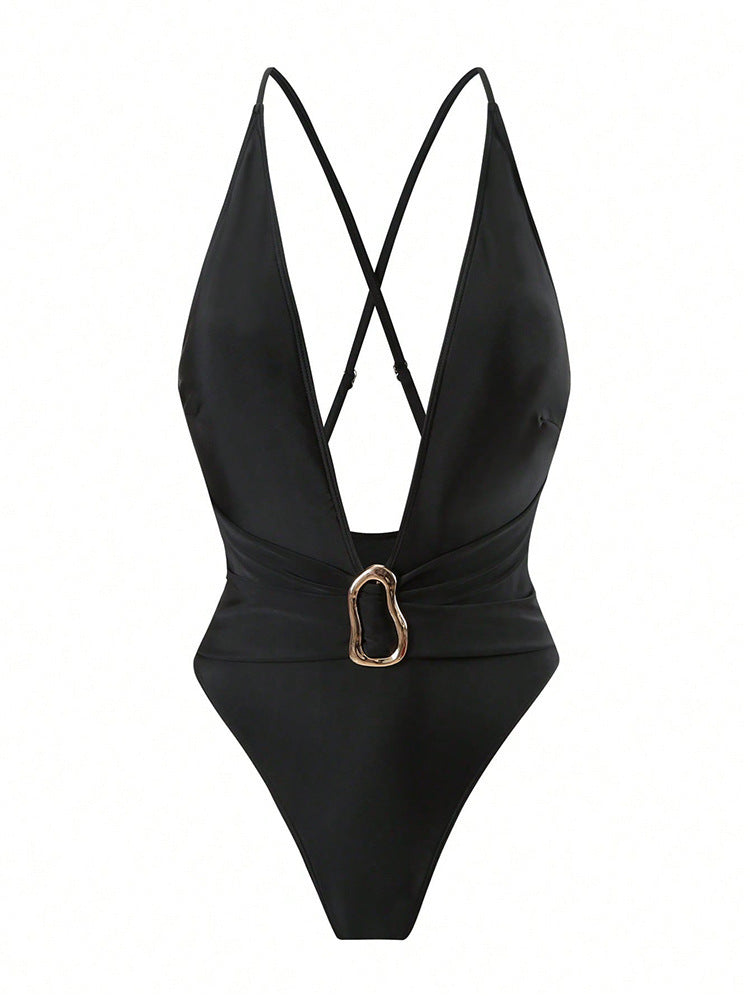 Damen Einteiler Badeanzug mit tiefem V-Ausschnitt und stilvollem Ringdetail Drune