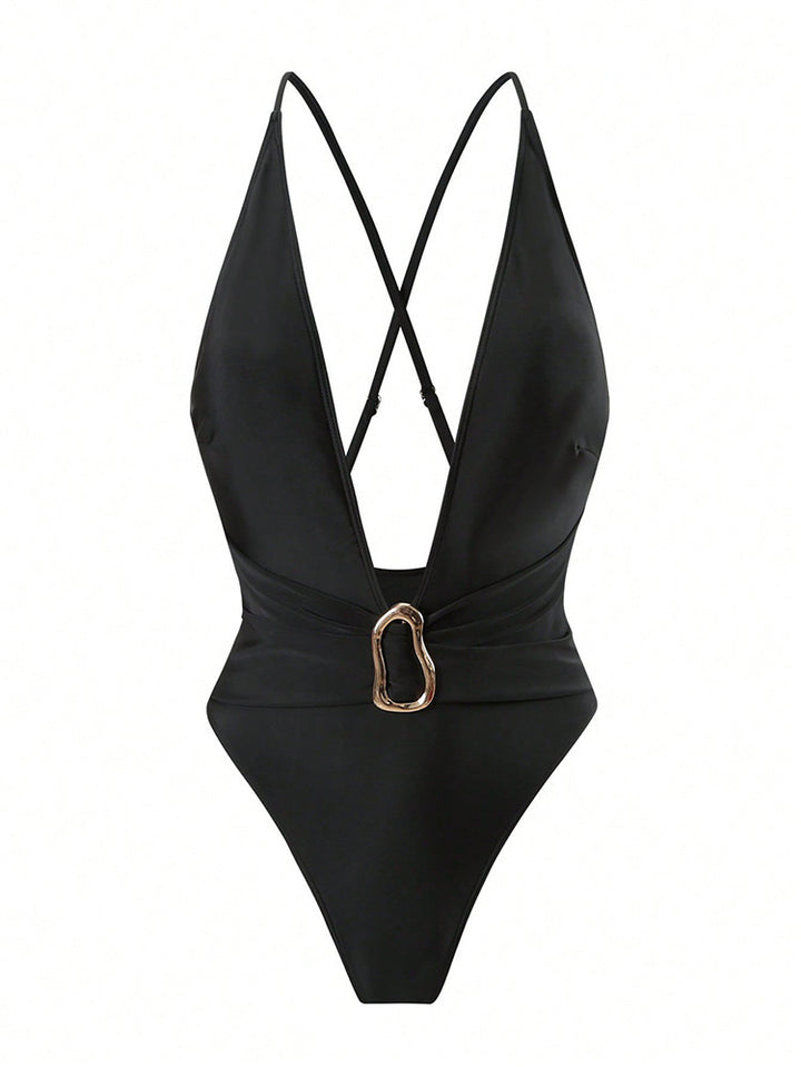 Damen Einteiler Badeanzug mit tiefem V-Ausschnitt und stilvollem Ringdetail Drune