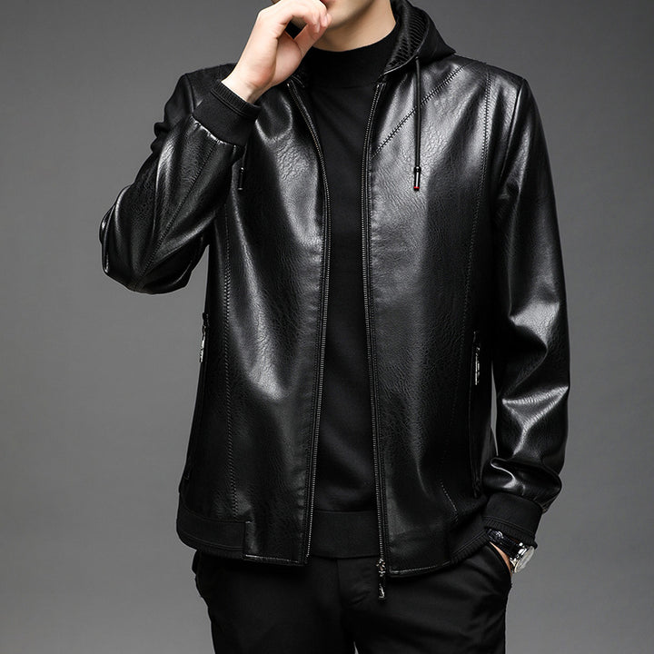 Herren Kapuzen-Lederimitat-Blouson mit Reißverschluss und elastischen Bündchen Drune