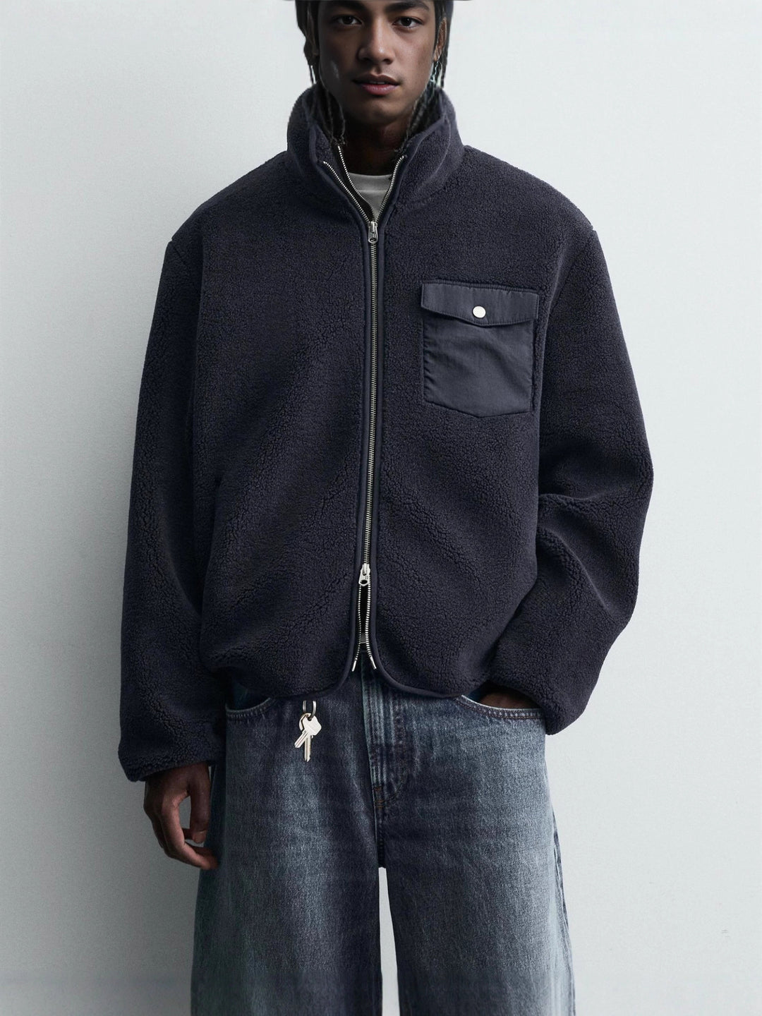 Herren Fleece‑Blouson mit Stehkragen, Zwei‑Wege‑Reißverschluss und Pattentasche Drune