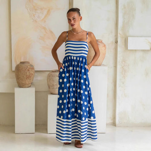 Damen Maxikleid mit verspieltem Streifendesign und großen Punkten Drune