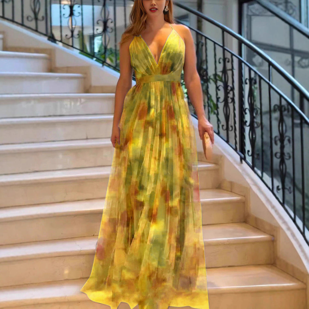 Damen Maxikleid mit tiefem V-Ausschnitt und fließendem Chiffon Drune