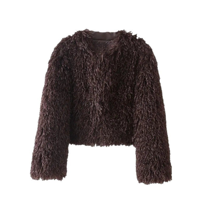 Damen kurze Bouclé‑Faux‑Fur‑Jacke mit voluminösem Langflor und kastiger Silhouette Drune