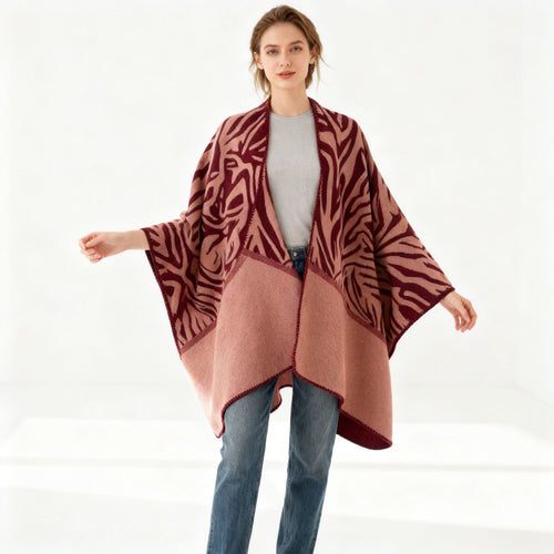 Damen Oversize-Jacquard-Wickelcape aus feinem Strick Drune