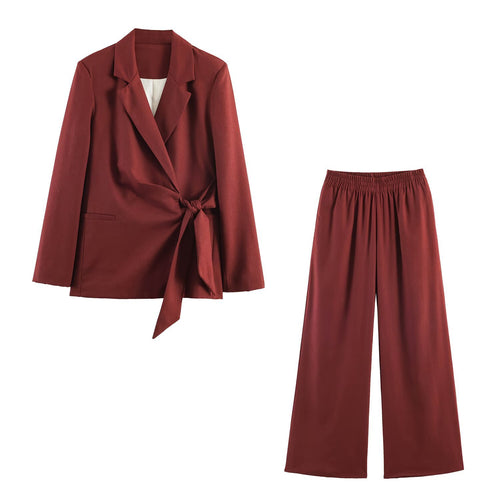 Damen Zweiteiliges Anzug-Set Wickelblazer mit Bindegürtel und Palazzo-Hose Drune