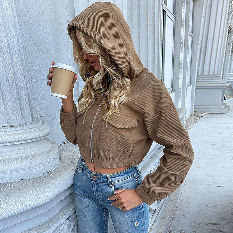 Damen Lässige Cordjacke mit Kapuze Drune