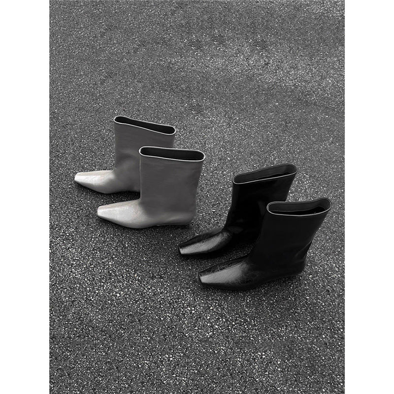 Damen kniehohe Slouch‑Lederstiefel mit quadratischer Zehenform und flachem Absatz Drune