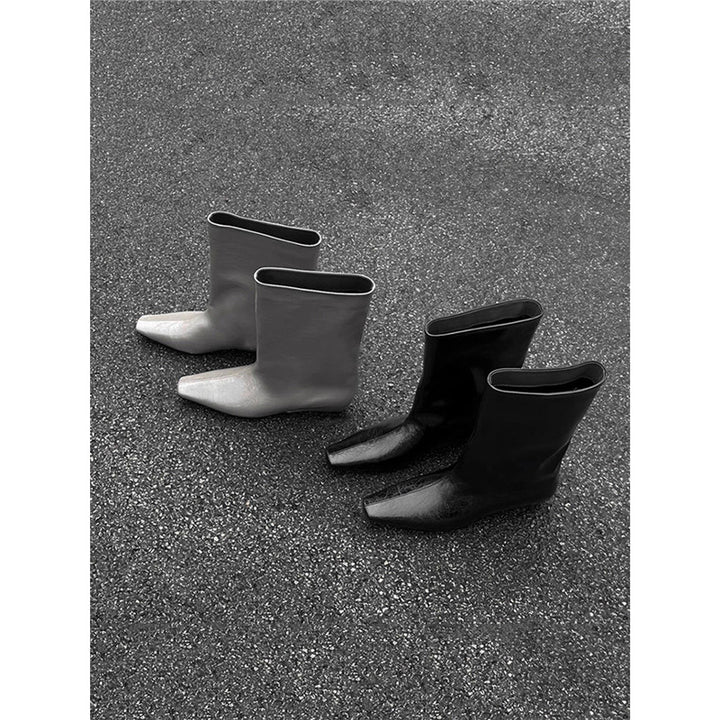 Damen kniehohe Slouch‑Lederstiefel mit quadratischer Zehenform und flachem Absatz Drune