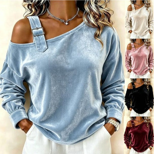 Damen Samt-Sweatshirt mit asymmetrischem Carmen-Ausschnitt und Zierschnalle Drune