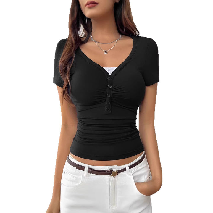 Damen figurbetontes Kurzarmshirt mit Knopfleiste und Raffung Drune