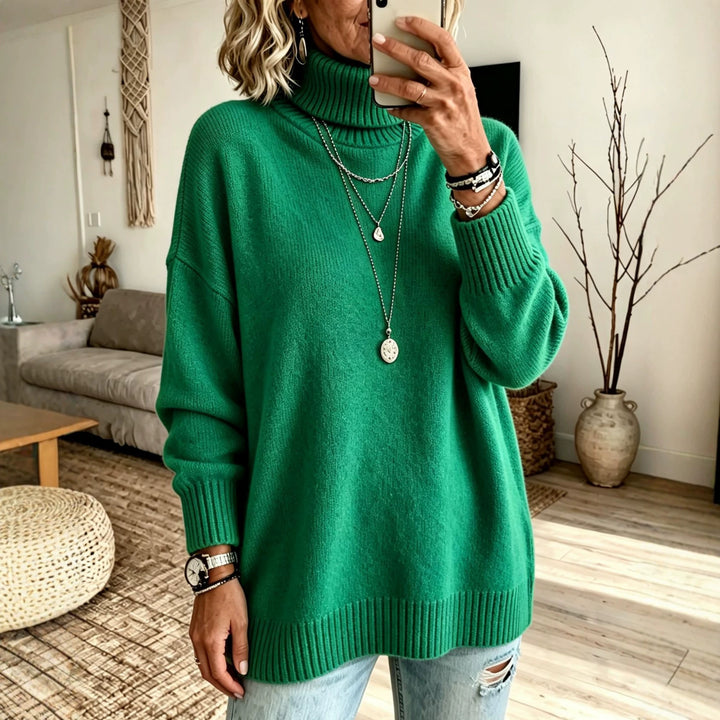 Damen Oversize Rollkragenpullover aus Feinstrick mit gerippten Bündchen und überschnittener Schulter Drune