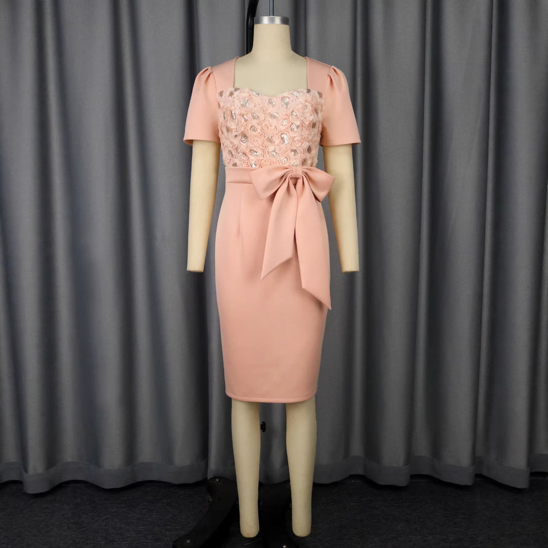 Damen Elegantes Verziertes Midi-Kleid mit Schleifenakzent Drune