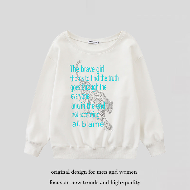 Damen Oversize-Sweatshirt mit Rundhalsausschnitt, typografischem Statement und Leoparden-Illustration Drune