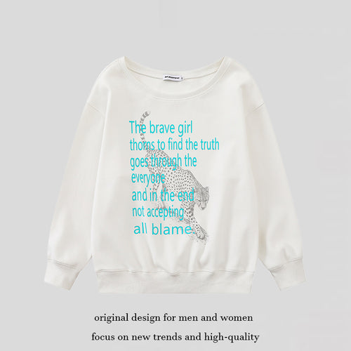 Damen Oversize-Sweatshirt mit Rundhalsausschnitt, typografischem Statement und Leoparden-Illustration Drune