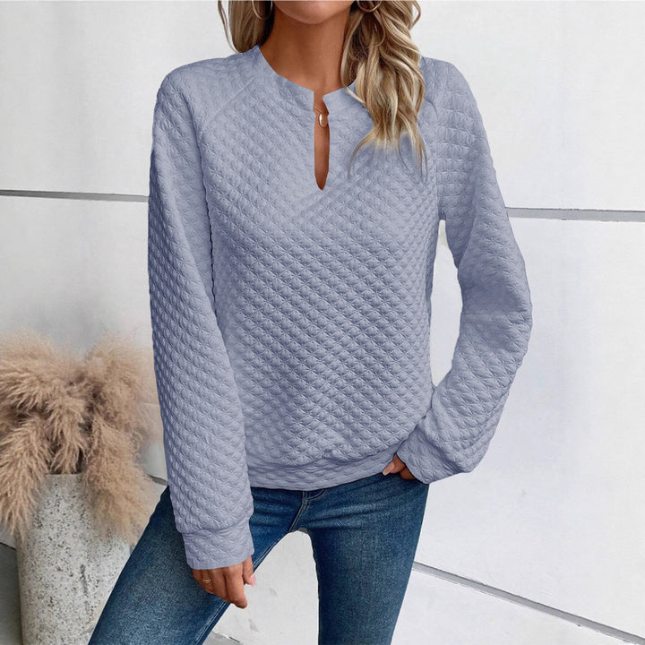 Damen Gestepptes Sweatshirt mit Schlitzkragen, Rautenstruktur und Raglanärmeln Drune