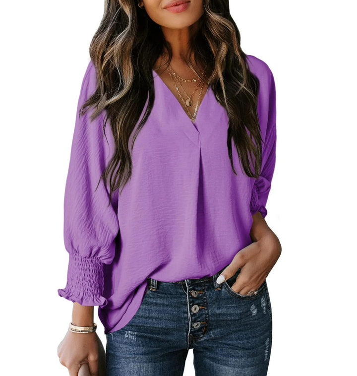 Damen V-Ausschnitt Bluse mit elastischen Ärmelbünden Drune