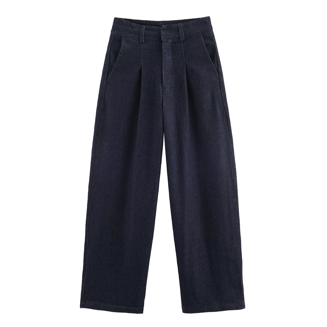 Damen 30+ weite High‑Waist Denim‑Palazzohose mit Bundfalten und Bügelfalte Drune