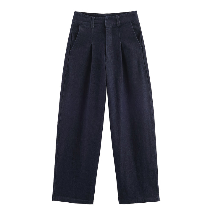 Damen 30+ weite High‑Waist Denim‑Palazzohose mit Bundfalten und Bügelfalte Drune