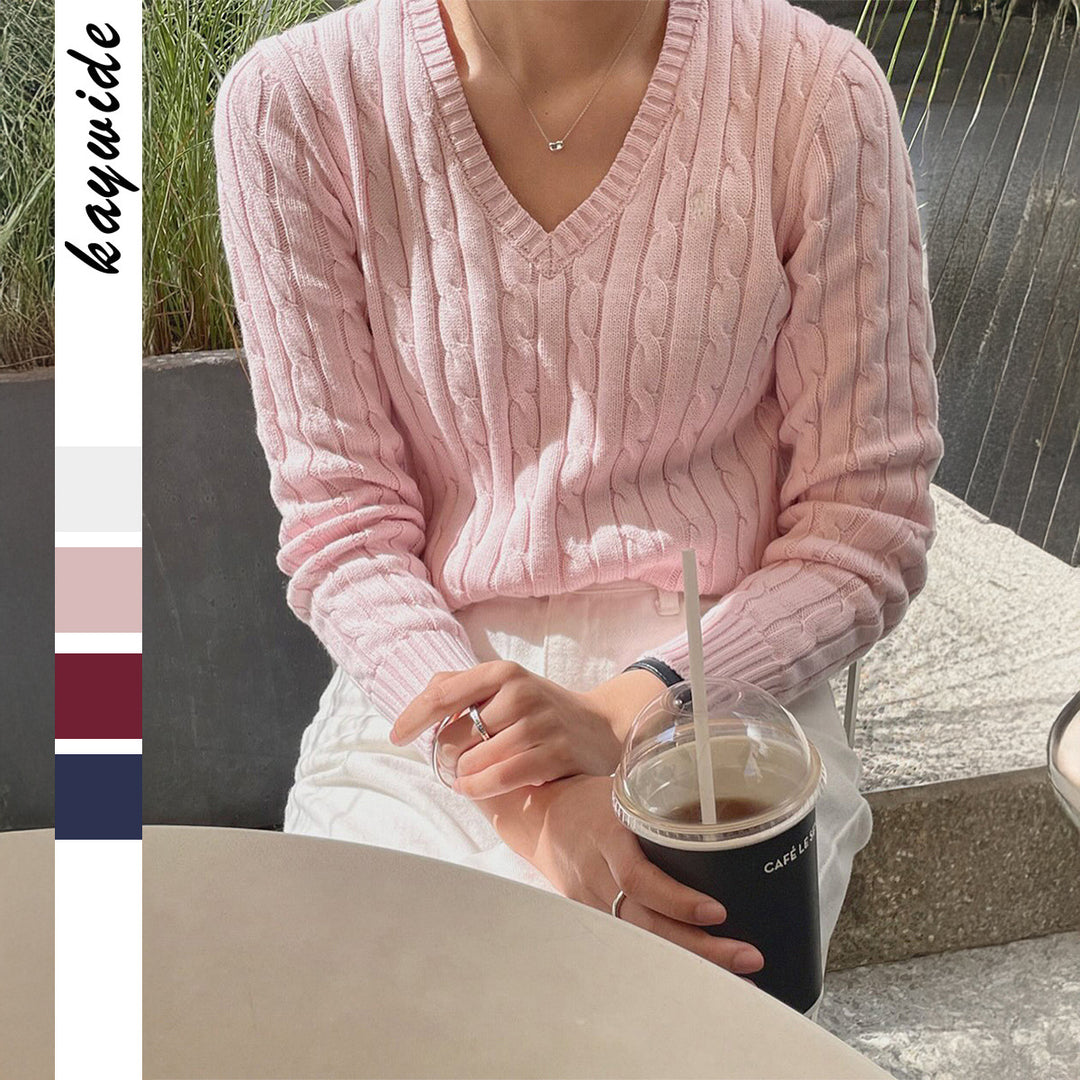 Damen nan feiner Strukturstrick-Pullover mit V‑Neck, Zopfmuster und geripptem Saum Drune